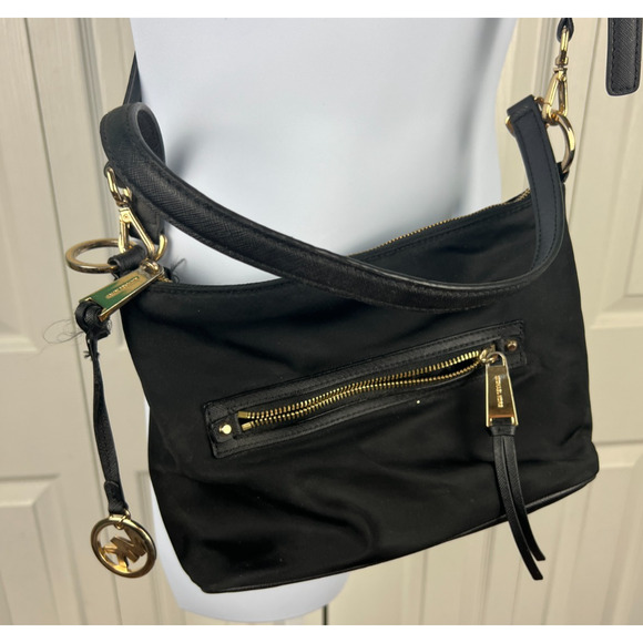 Michael Kors Black Nylon Purse Bag Tote Crossbody or Shoulder Gold Hardware - Picture 1 of 13